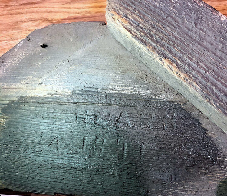 A record of 17 year-old plumber, William Hearn, who carved his name on an old roof timber found lying in the loft space; 