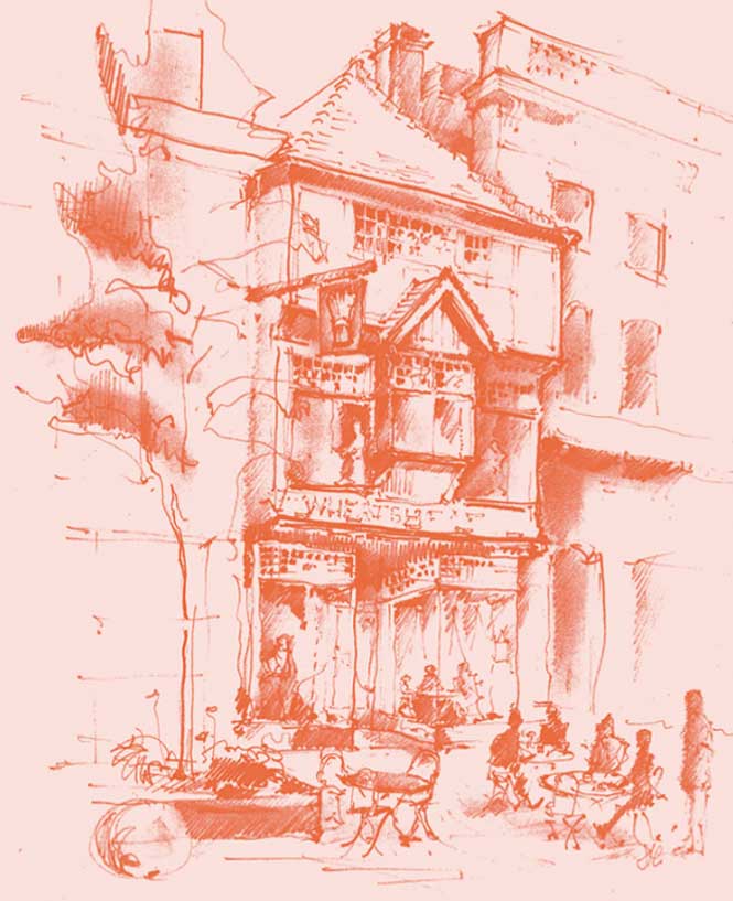 sketch of the Wheatsheaf with a pavement cafe